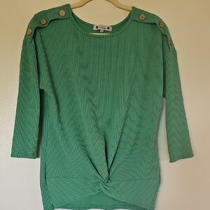 WILDE top In Size Small. Green Ribbed Button-Detail Top.